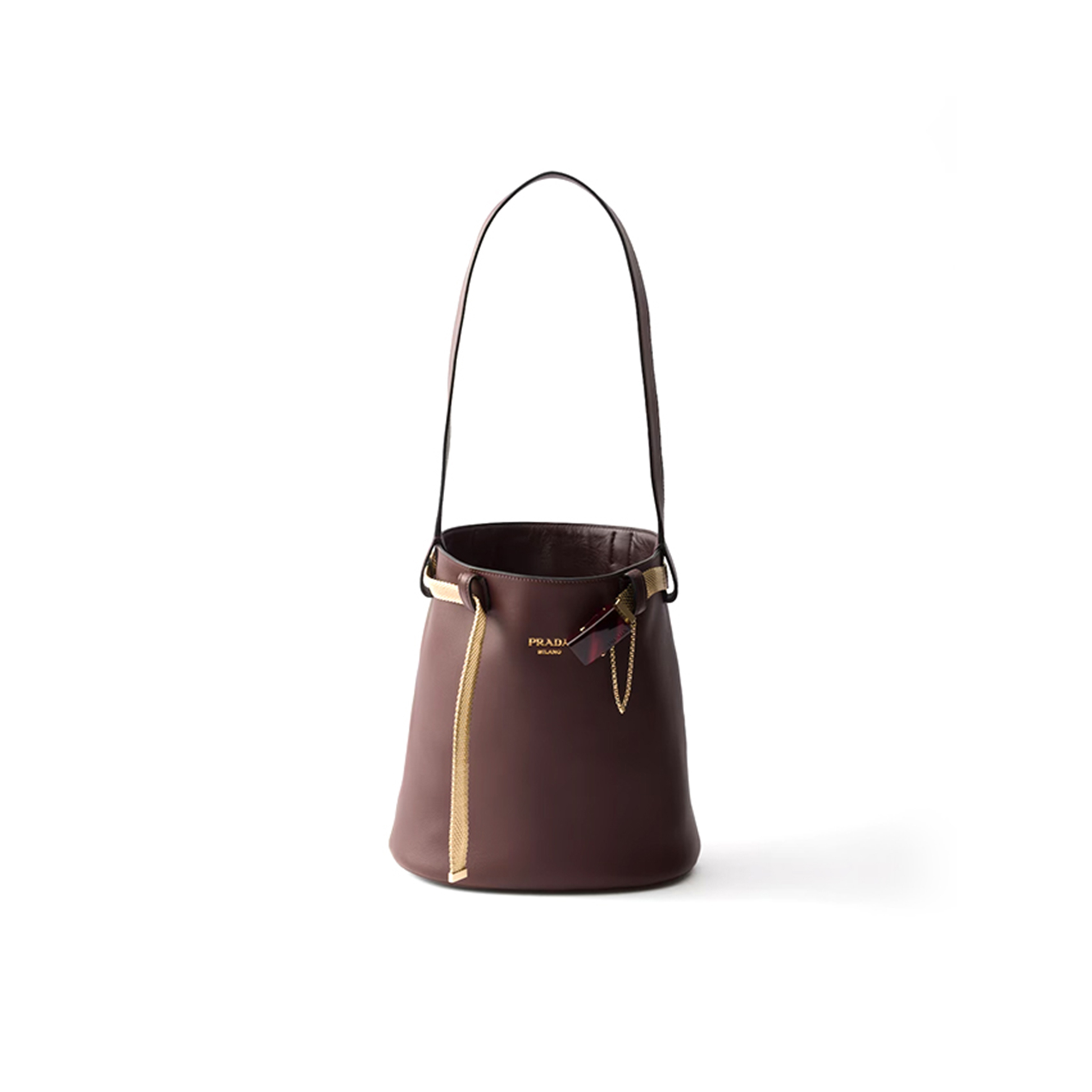 PRADA BUCKLE LEATHER BUCKET BAG WITH JEWELED BELT 1BE085 (29*16.5*18cm) PRADA BUCKLE LEATHER BUCKET BAG WITH JEWELED BELT 1BE085 (29*16.5*18cm)
